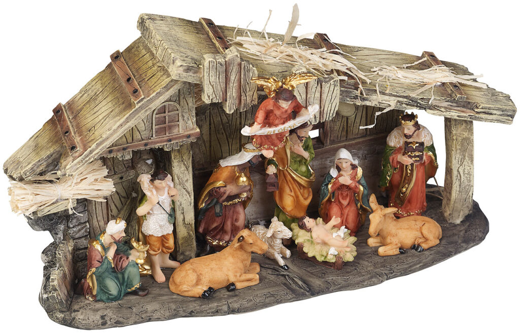 Weihnachtskrippe aus Polyresin mit 11 handbemalten Figuren