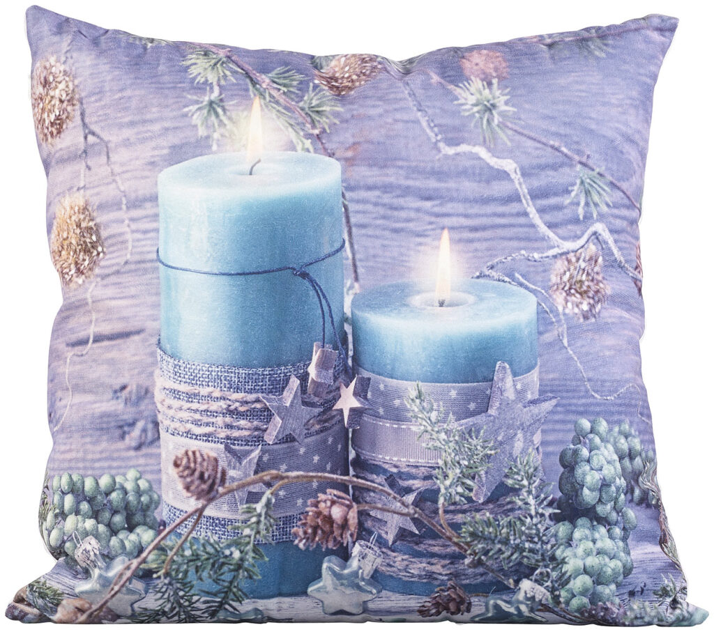 Deko-Kissen mit Kerzen-Motiv, 2 LEDs, batteriebetrieben, 45 x 45 cm