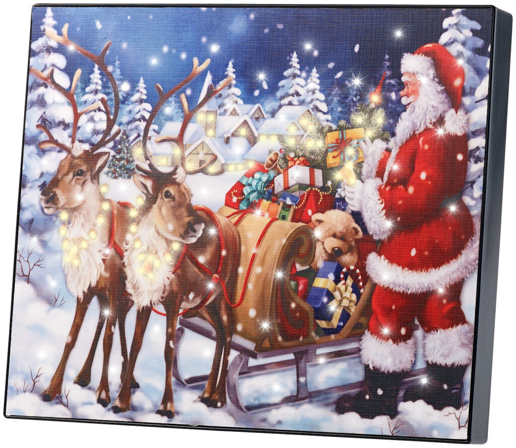 LED-Bild „Weihnachtsmann mit Rentierschlitten“, 28 x 23 cm