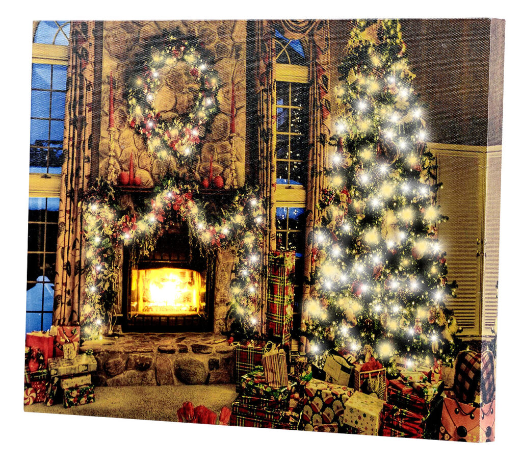Wandbild „Weihnachtliches Kaminzimmer“ mit flackernder LED, 40 x 30 cm