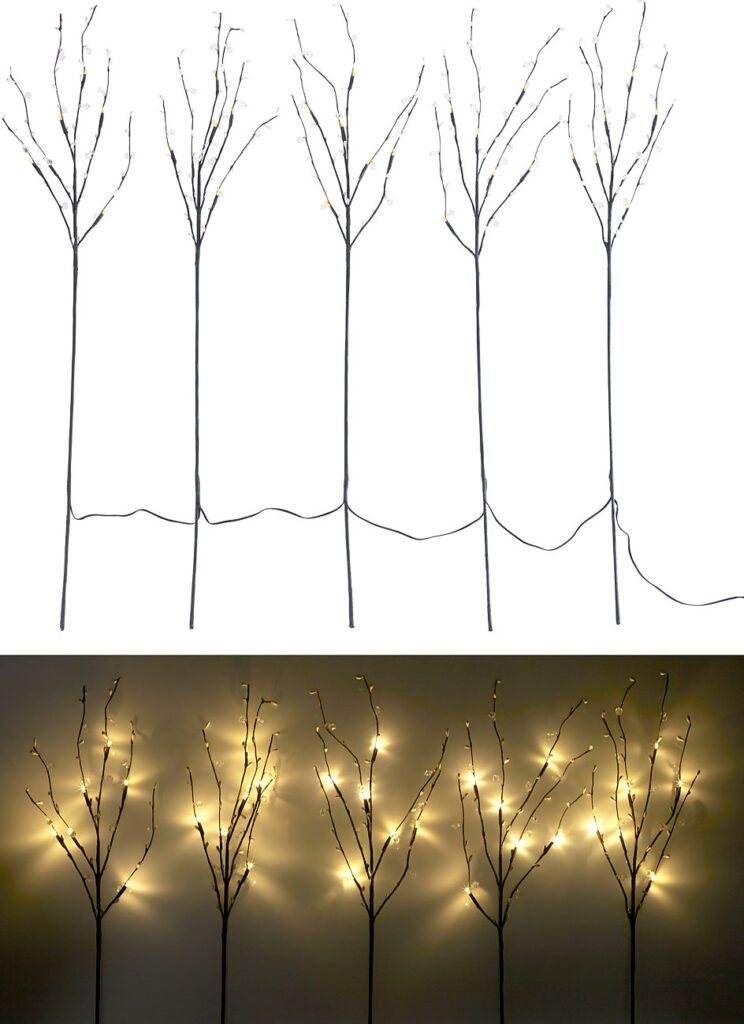 5 Deko-Zweige, je 36 Kunststoff-Knospen & 6 LEDs, batteriebetr., Timer