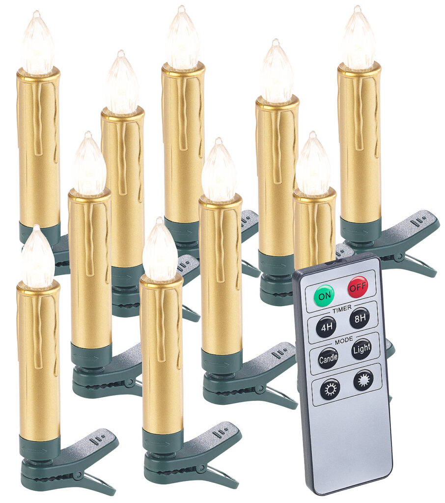 10er-Set LED-Weihnachtsbaum-Kerzen mit Fernbedienung und Timer, gold