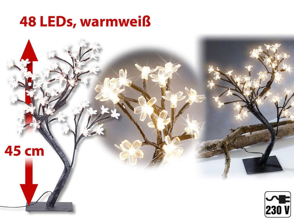 LED-Lichterbaum mit 48 leuchtenden Blüten und Sockel, 45 cm