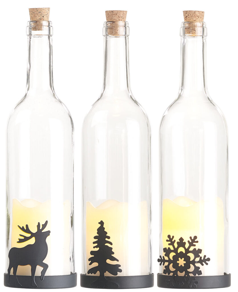 3er-Set Deko-Glasflasche, LED-Kerze, bewegliche Flamme, diverse Motive