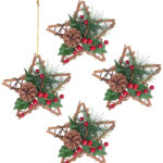 4er-Set Rattan-Dekostern mit Tannenzapfen, handgefertigt, Ø 15cm