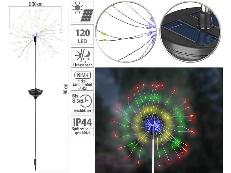 2er-Set Garten-Solar-Lichtdekos mit Feuerwerk-Effekt, 120 bunte LEDs, IP44