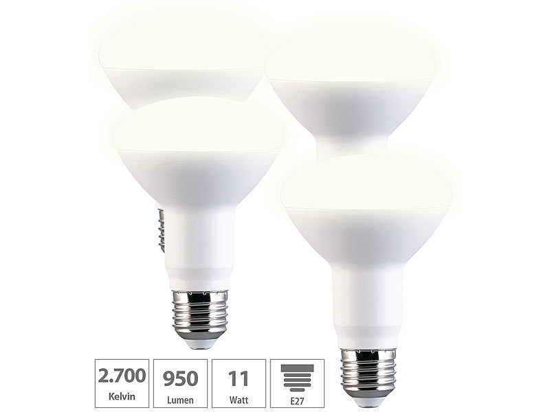 4er-Set LED-Lampen E27, 11 Watt, 950 Lumen, warmweiss 2700 K