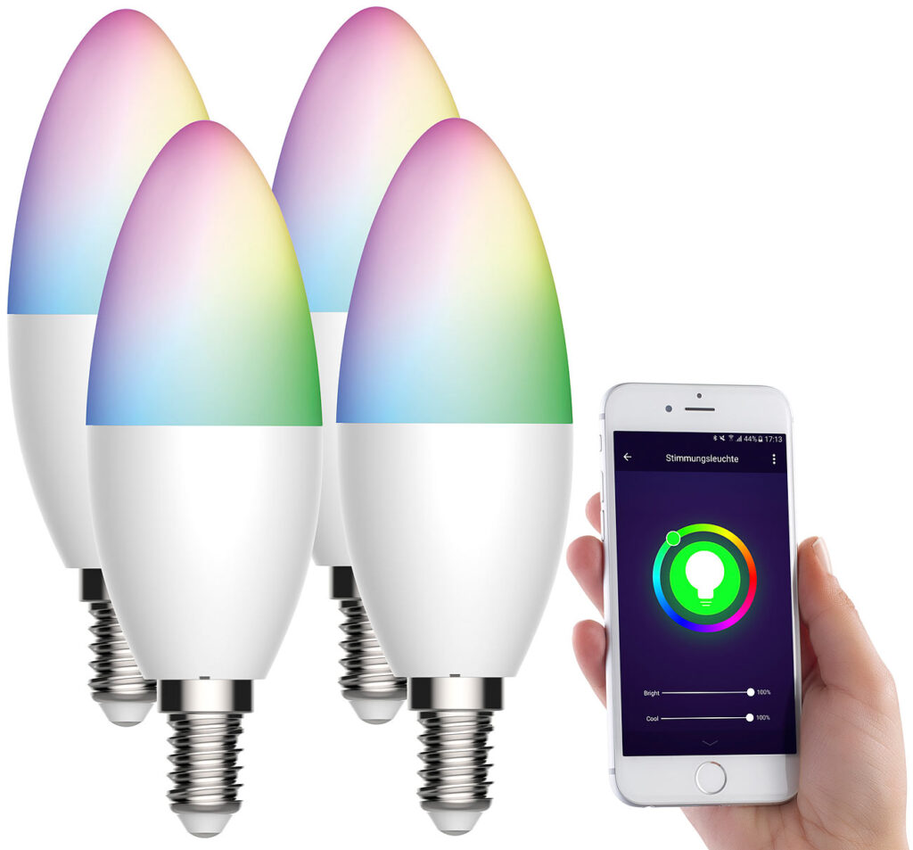 4er-Set WLAN-LED-Lampen, für Amazon Alexa/GA, E14, RGB, CCT