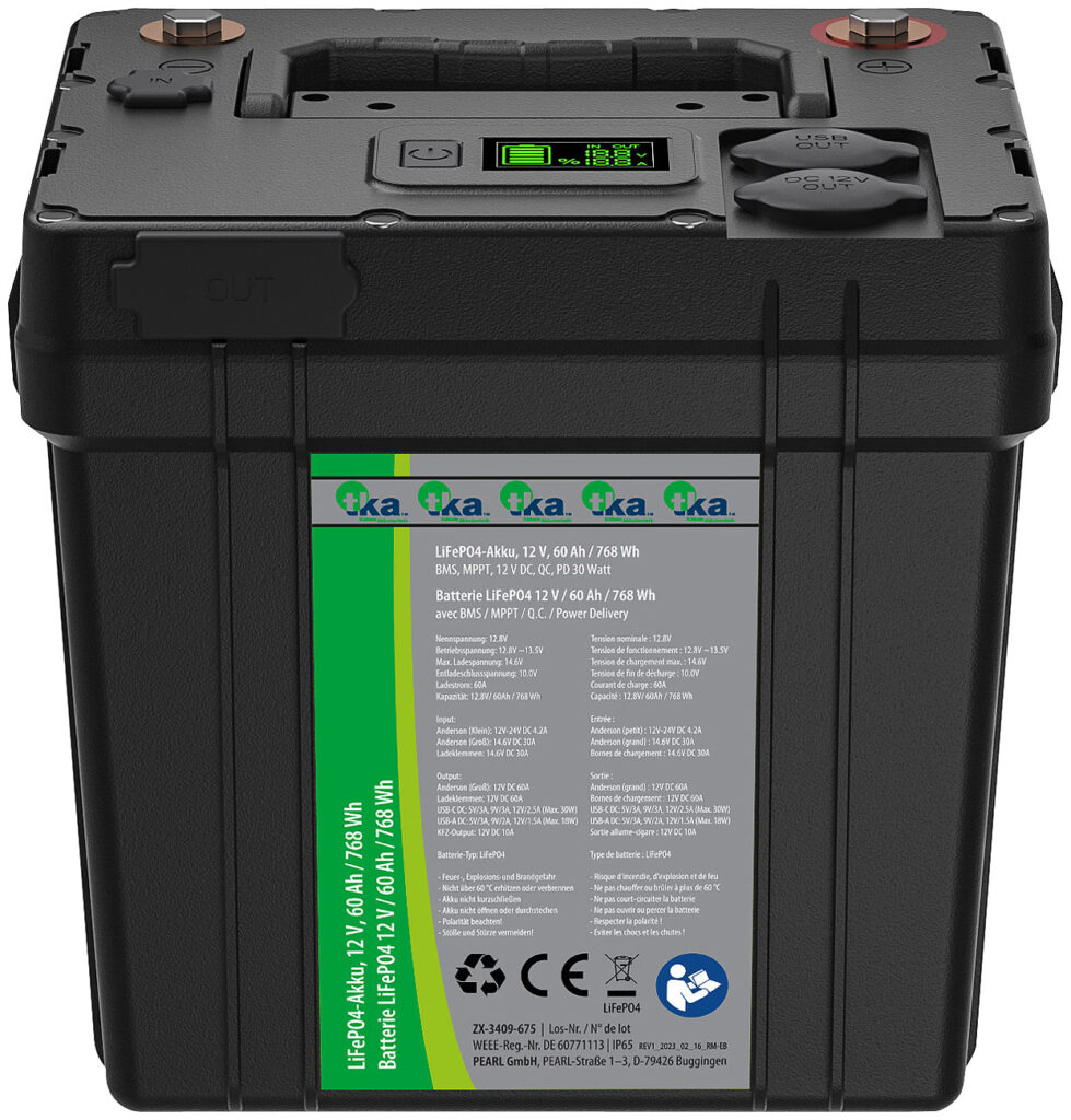 LiFePO4-Akku, 12 V, 60 Ah / 768 Wh, BMS, MPPT, 12 V DC, QC, PD 30 Watt