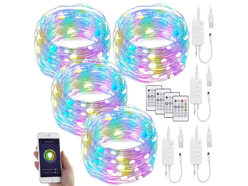 4er RGB-LED-Lichterdraht mit Musik-Steueurung, WLAN und App, USB, 10 m
