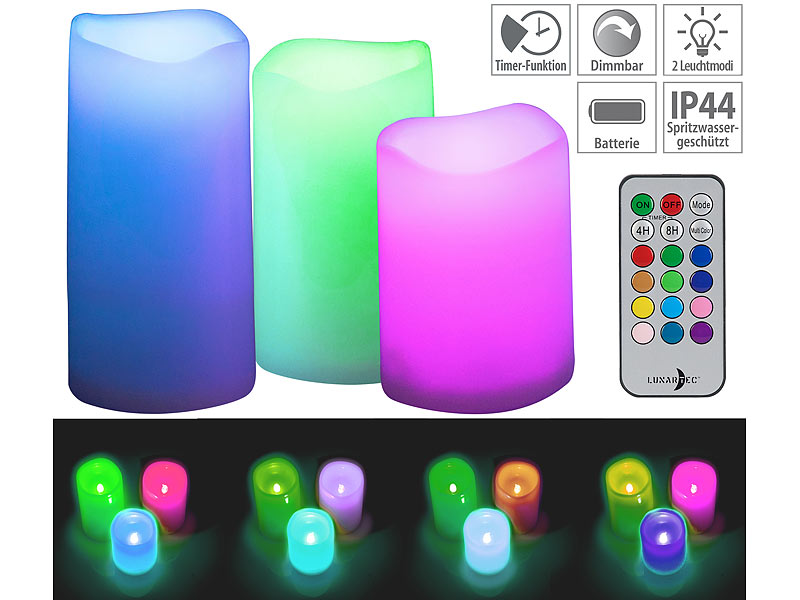3er-Set dimmbare RGB-LED-Kerzen mit Timer & Fernbedienung, bunt, IP44