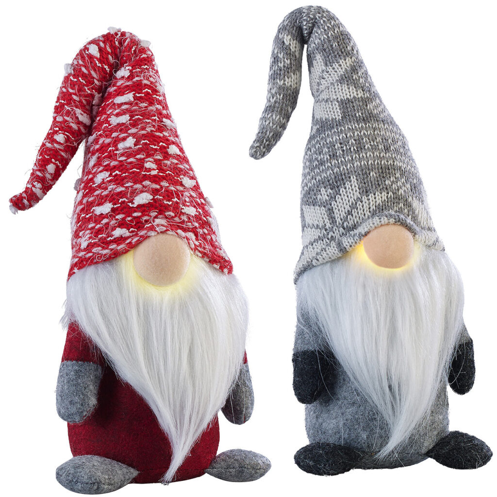 2er-Set Deko Wichtel mit LED beleuchteter Nase, 34cm, grau und rot