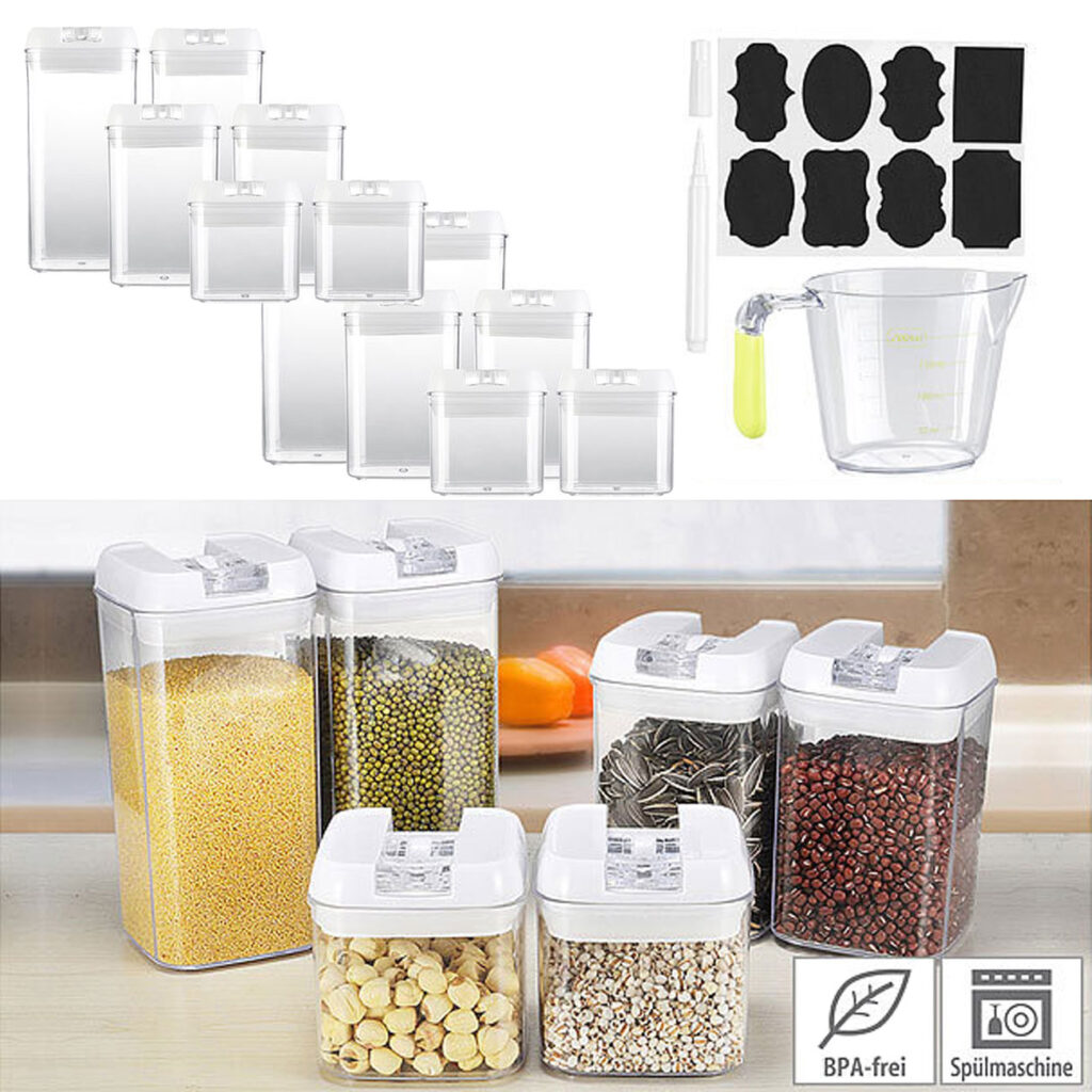 12er-Set Vorratsdosen in 3 Grössen, BPA-frei, Messbecher, Labels & Stift