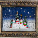 Weihnachts-Bilderrahmen „Schneemannfamilie“, LEDs, Schneewirbel, Musik