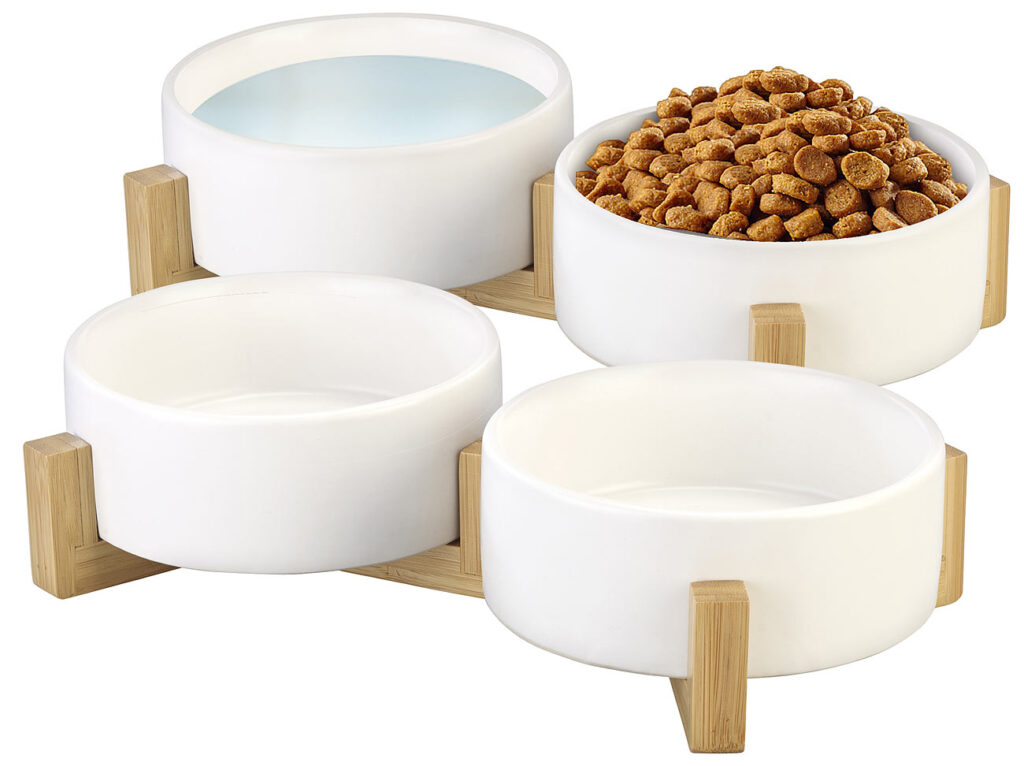 2er-Set Doppel-Futter- & Trinknapf, Keramik, Bambus-Ständer, je 400 ml