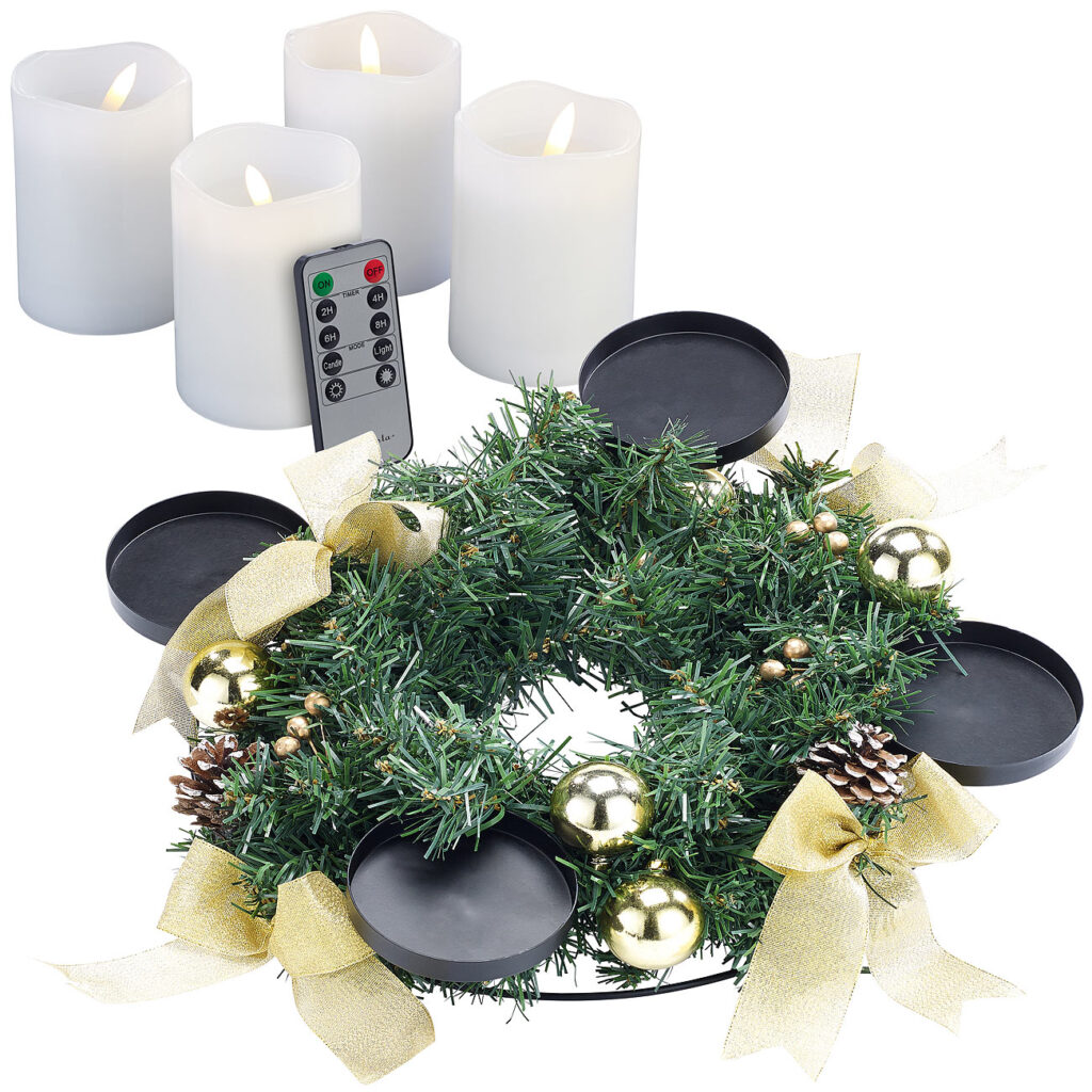 Adventskranz mit goldfarbenem Schmuck, inkl. LED-Kerzen in weiss
