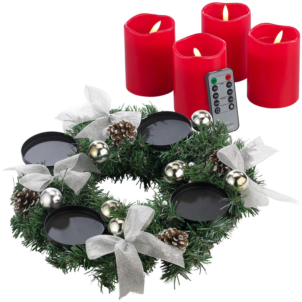 Adventskranz mit silberfarbenem Schmuck, inkl. LED-Kerzen in rot