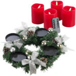 Adventskranz mit silberfarbenem Schmuck, inkl. LED-Kerzen in rot