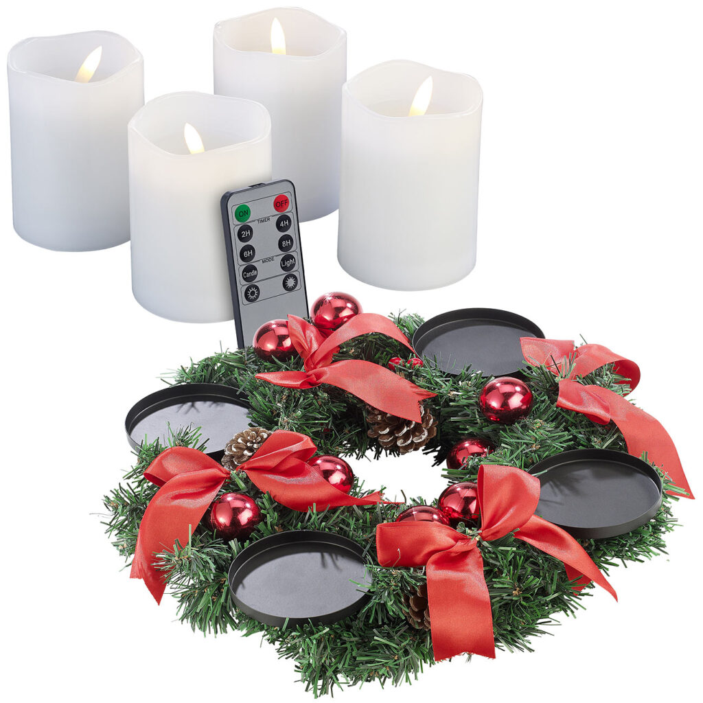 Adventskranz mit rotem Schmuck, inkl. LED-Kerzen in weiss