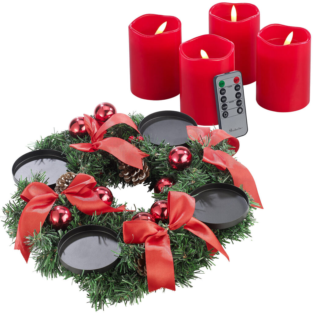 Adventskranz mit rotem Schmuck, inklusive LED-Kerzen in rot