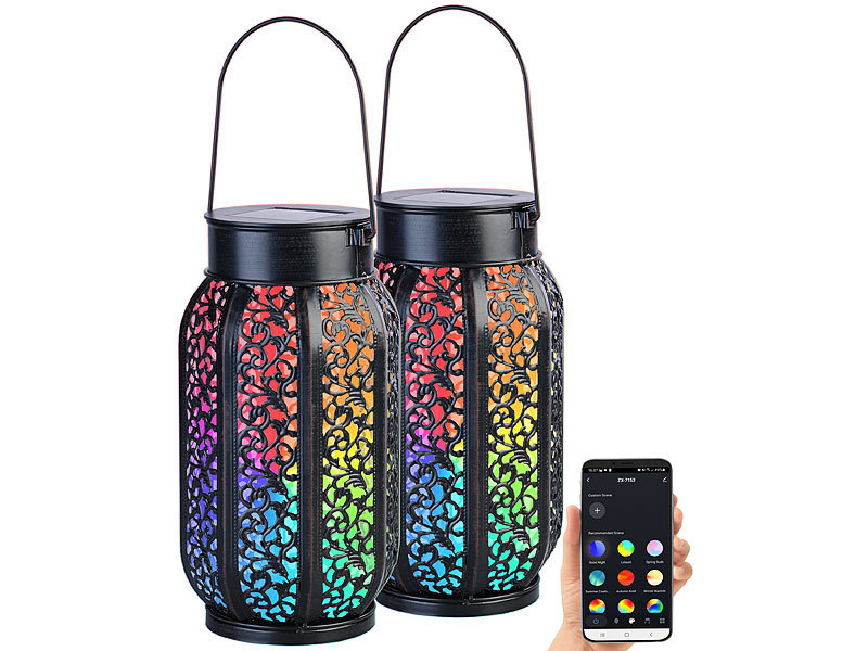 2er-Set Smarte Solar-Laterne aus Metall mit RGB-CCT-LEDs, App