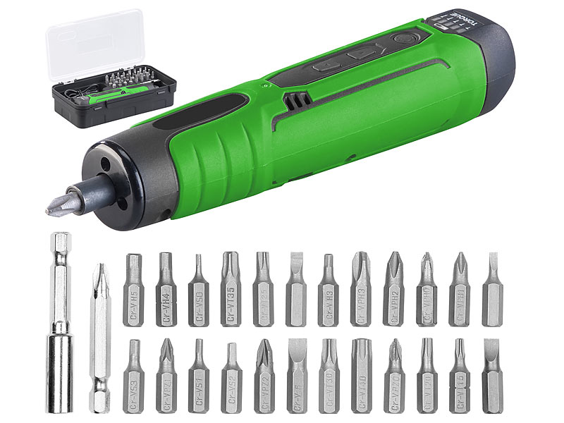 Akku-Stabschrauber mit 25 Bits & Bit-Halter, Drehmomentwahl, LED-Licht