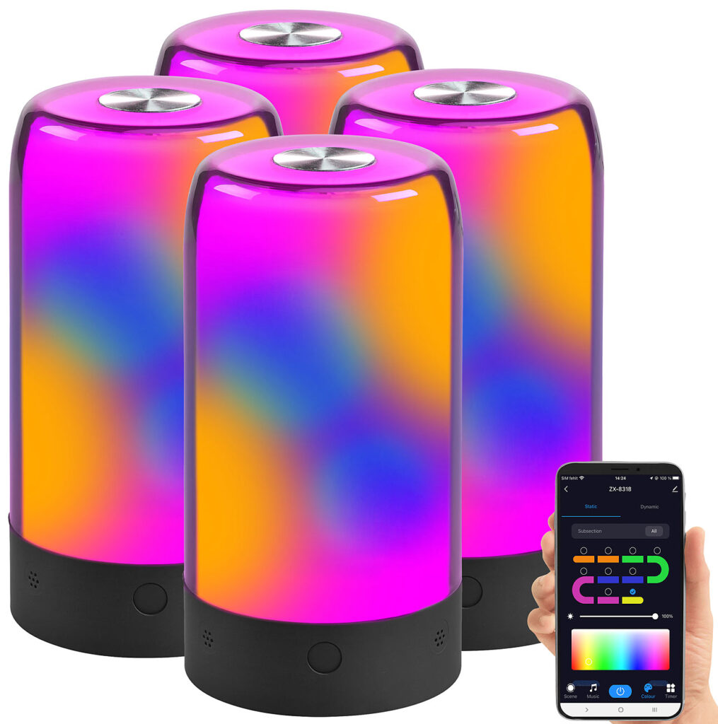 4er-Set smarte Stimmungsleuchten, RGB-IC-LEDs, 15 Modi, WLAN, schwarz