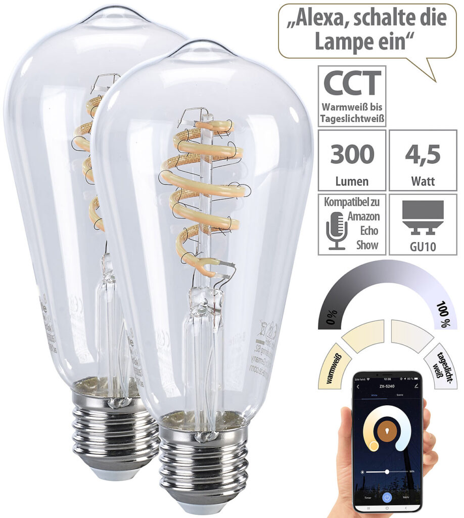 2er-Set LED-Filament-Lampen E27, CCT, 4,5 Watt (ersetzt 35 W), ZigBee-kompatibel
