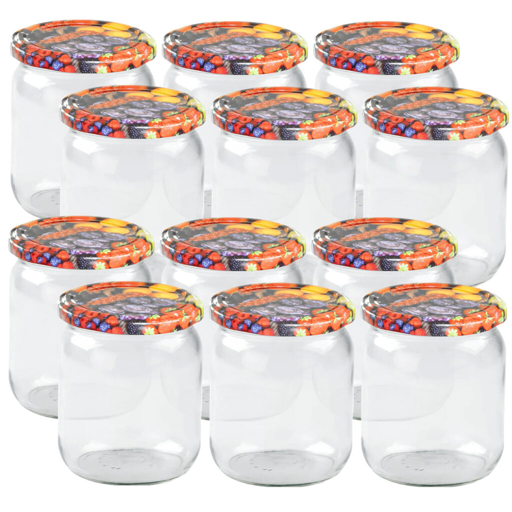 12er-Set Einmachgläser mit Schraubdeckel, Sturzgläser mit Früchte-Muster, je 540 ml