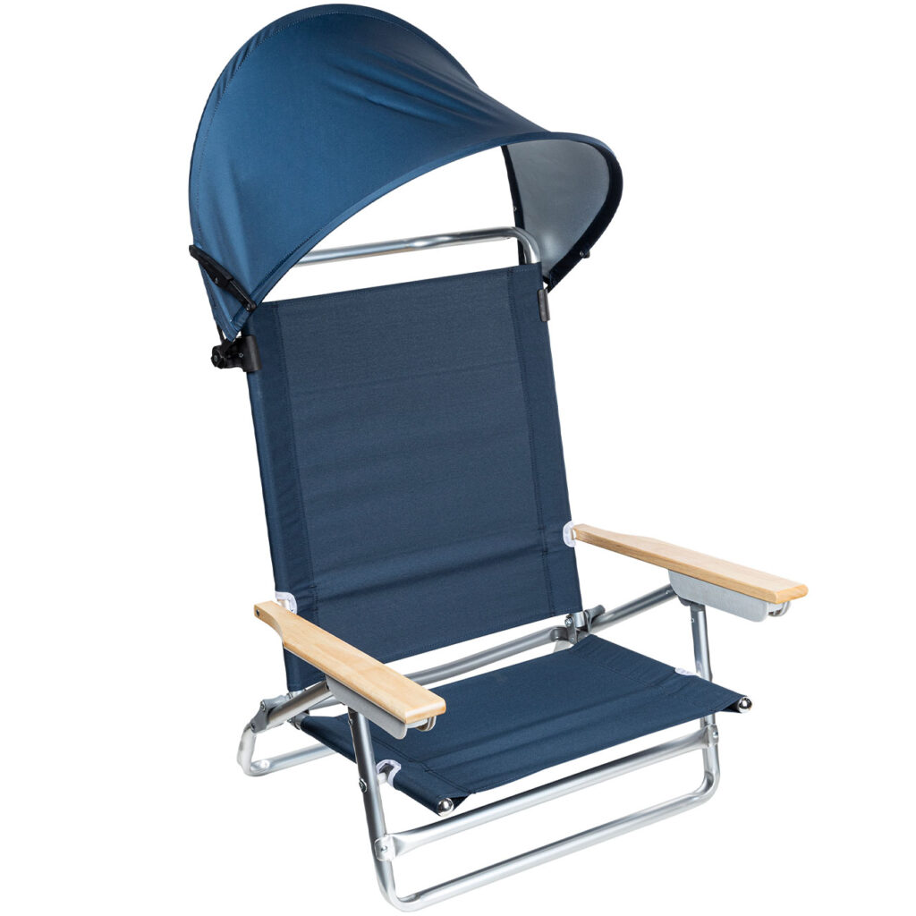 Strandstuhl mit Sonnenschutz, verstellbarer Rückenlehne & hölzernen Armlehnen