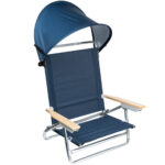 Strandstuhl mit Sonnenschutz, verstellbarer Rückenlehne & hölzernen Armlehnen