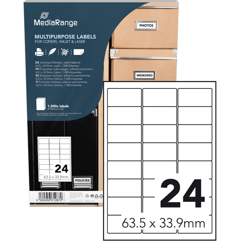 Universal-Klebe-Etiketten, stark haftend, 63.5 x 33.9 mm, 50 Blatt / 1200 Etiketten weiss