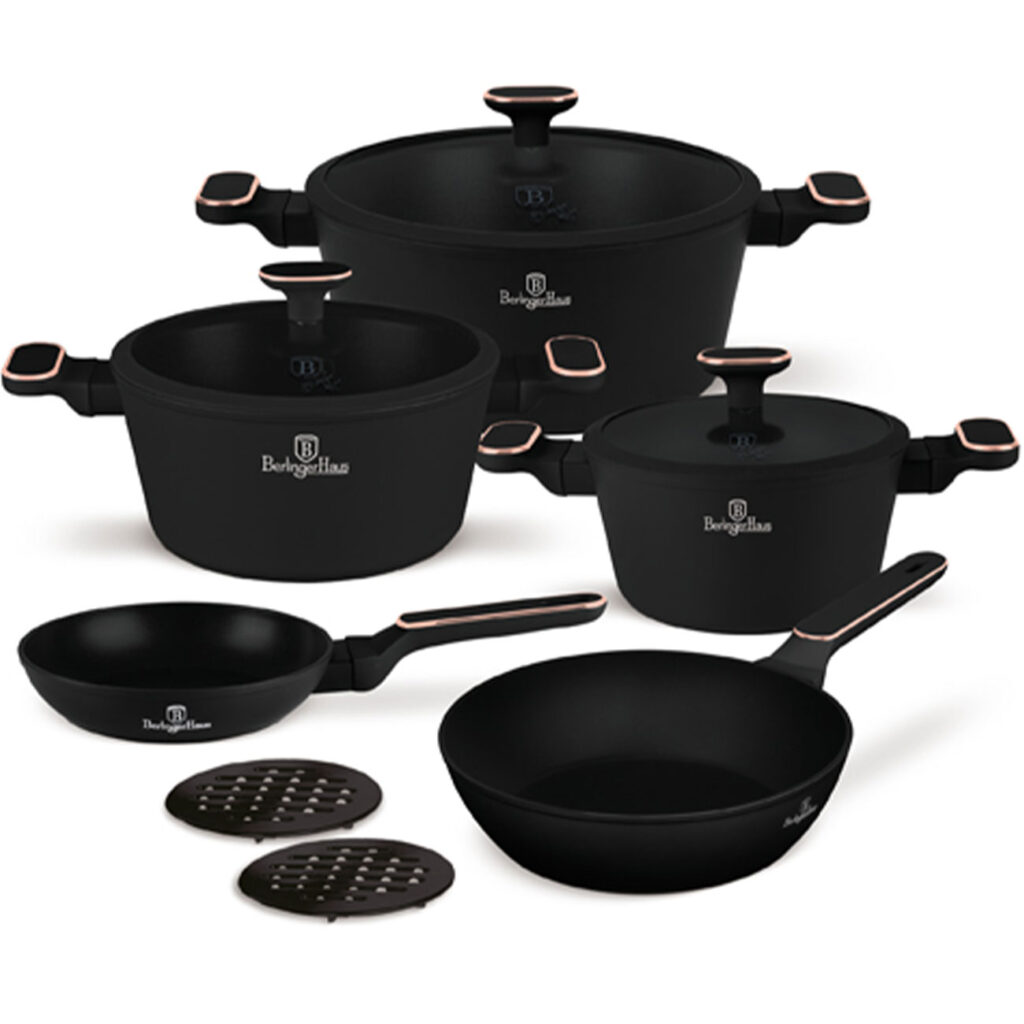Design Kochset inkl. Untersetzer, 10-teilig, schwarz-roségold