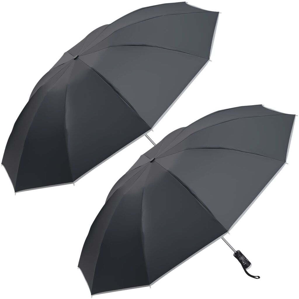 2er-Set Faltbarer Regenschirm mit LED-Taschenlampe, schwarz