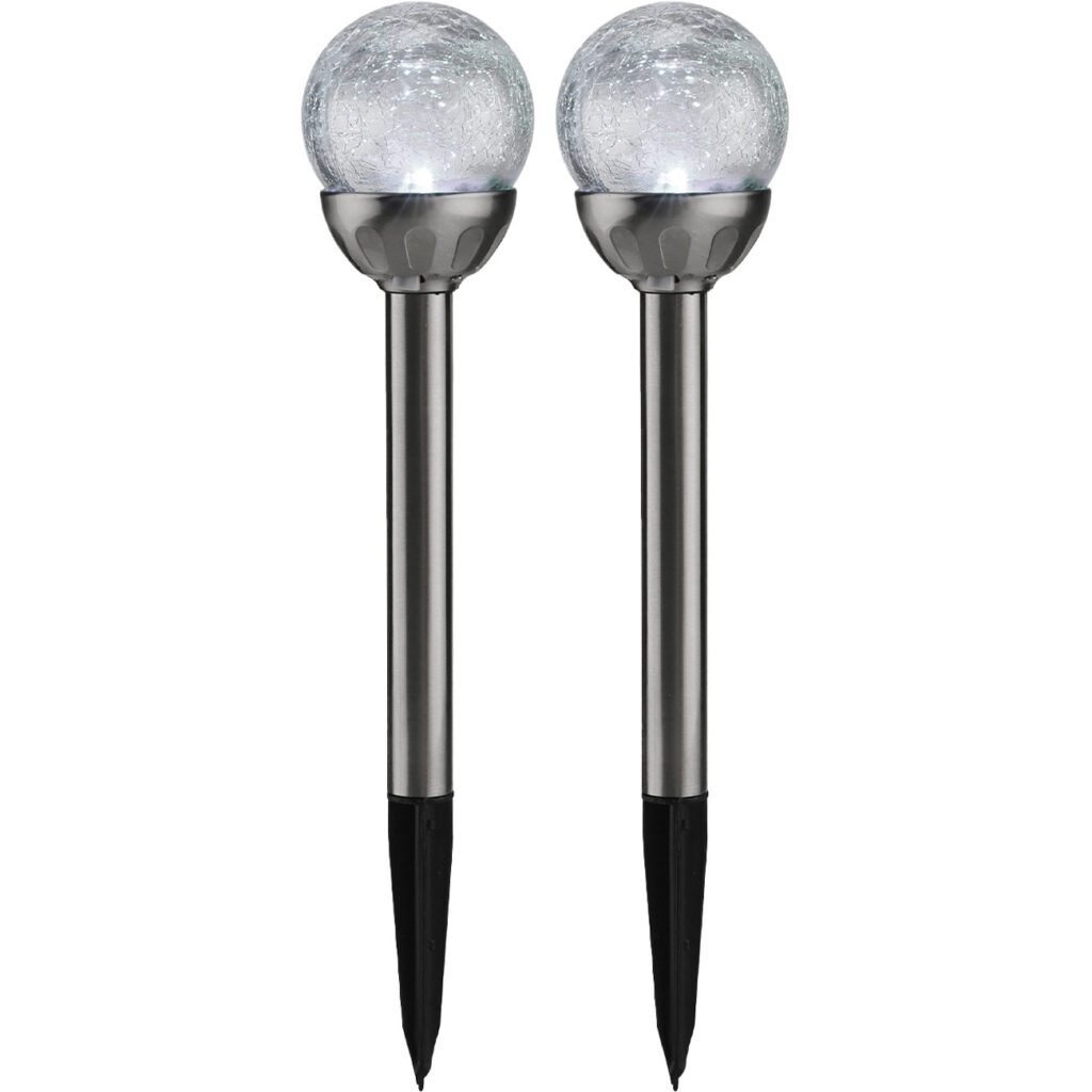 2er-Set Solar-Gartenlampe mit Crackle-Effekt-Kugel & Erdspiess, weiss & bunt