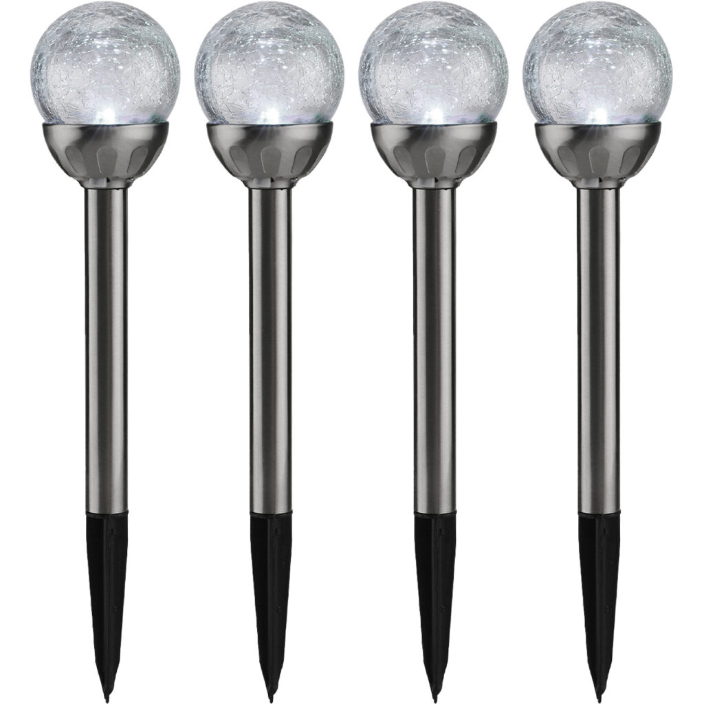 4er-Set Solar-Gartenlampe mit Crackle-Effekt-Kugel & Erdspiess, weiss & bunt