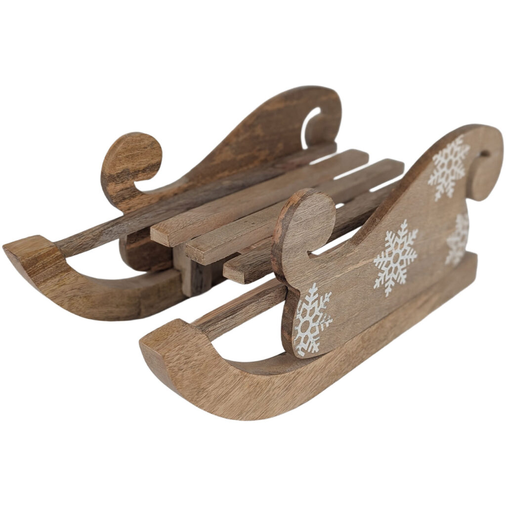 Deko-Schlitten aus Mangoholz, weisse Schnitzerei, Weihnachts-Deko, 32 x 14 x 18 cm