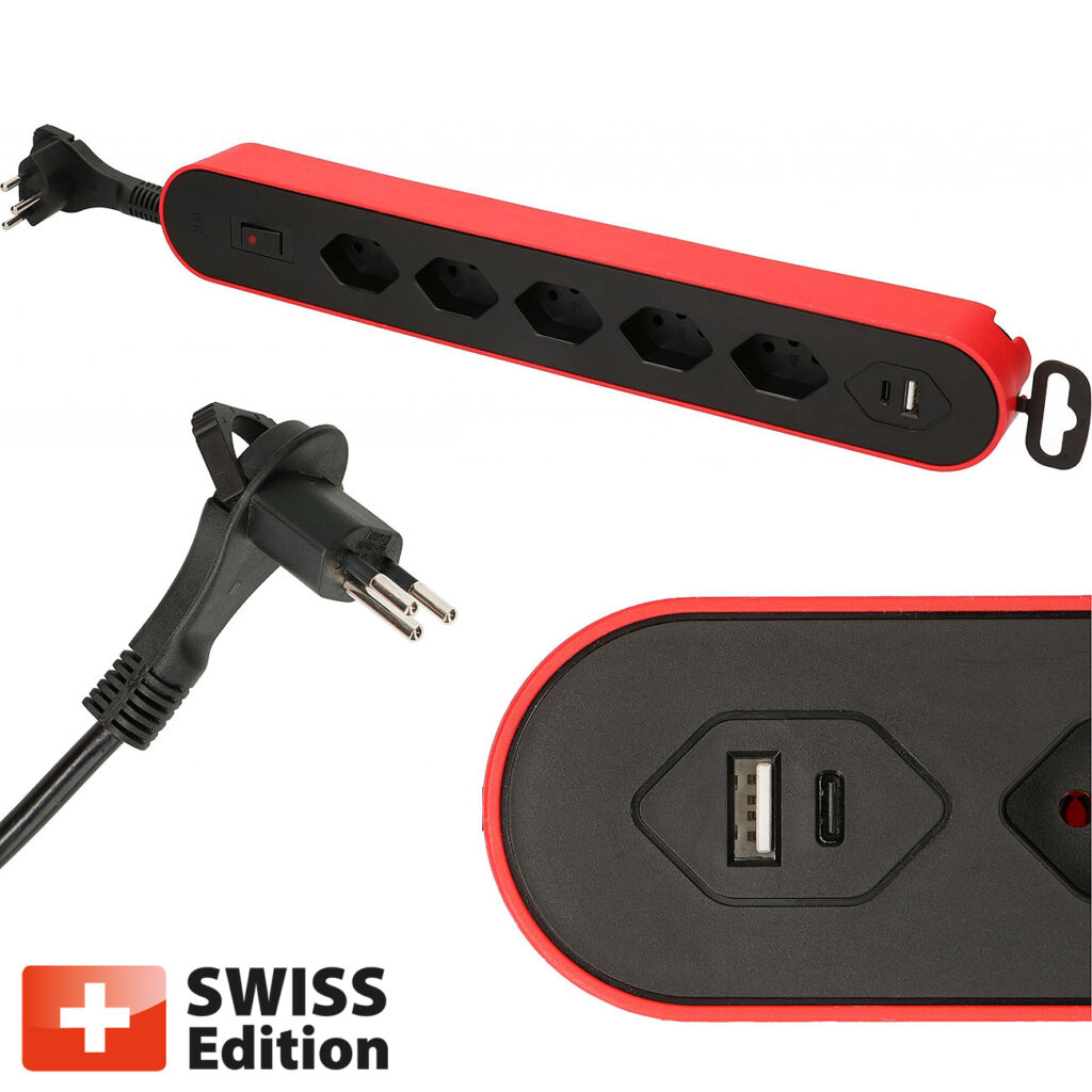 Steckdosenleiste, 5 x T13, 1 USB Typ A, 1 USB Typ C, rot und schwarz