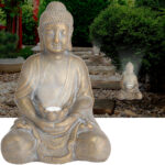 Solarlampe Buddha, Dekofigur goldfarben, Buddha für Balkon oder Garten, H 44 cm