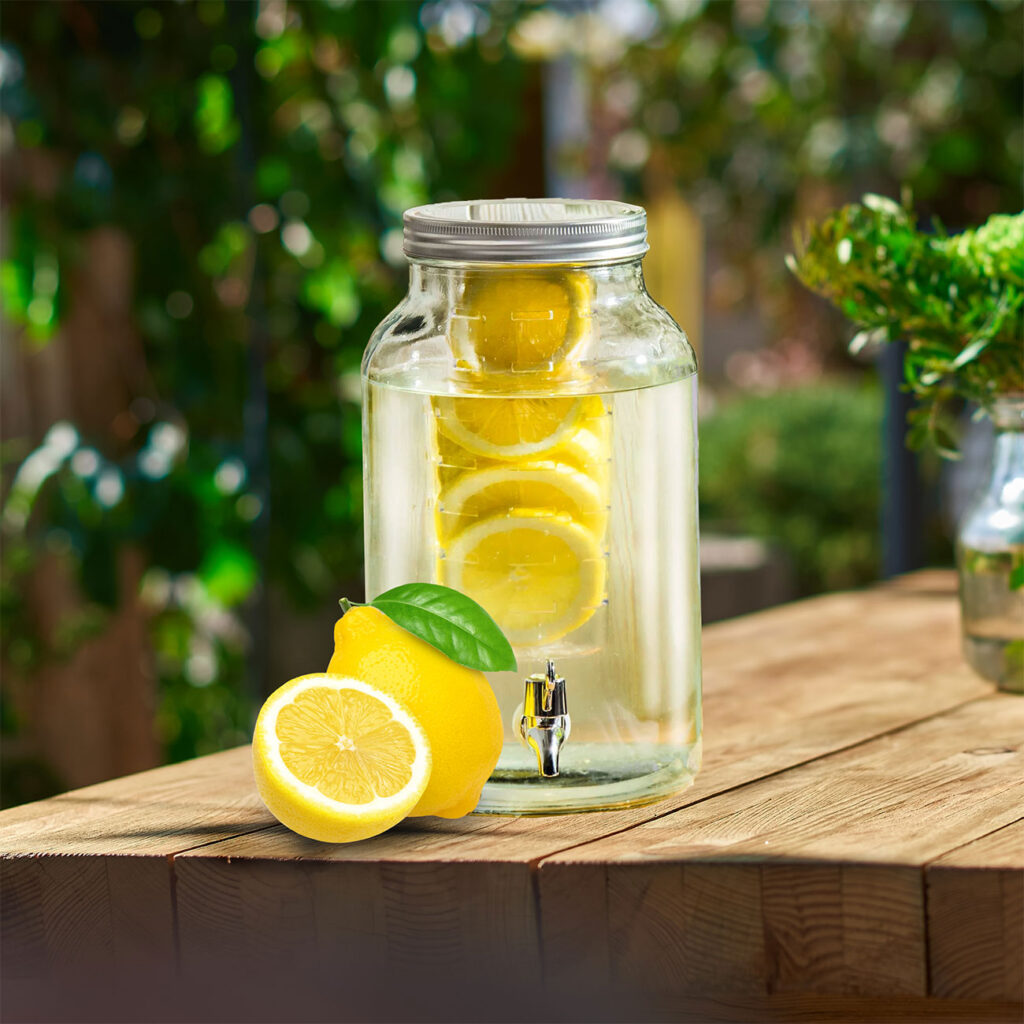 Getränkespender aus Glas mit Einsatz und Zapfhahn, 4 Liter