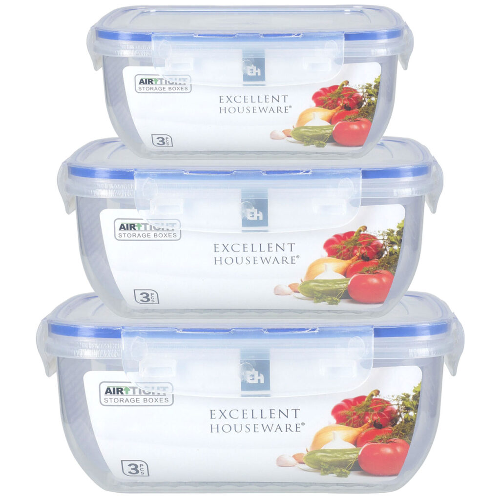 3er Set Frischhaltedosen mit Clip-Deckel, rechteckig, 400 ml, 800 ml, 1400 ml