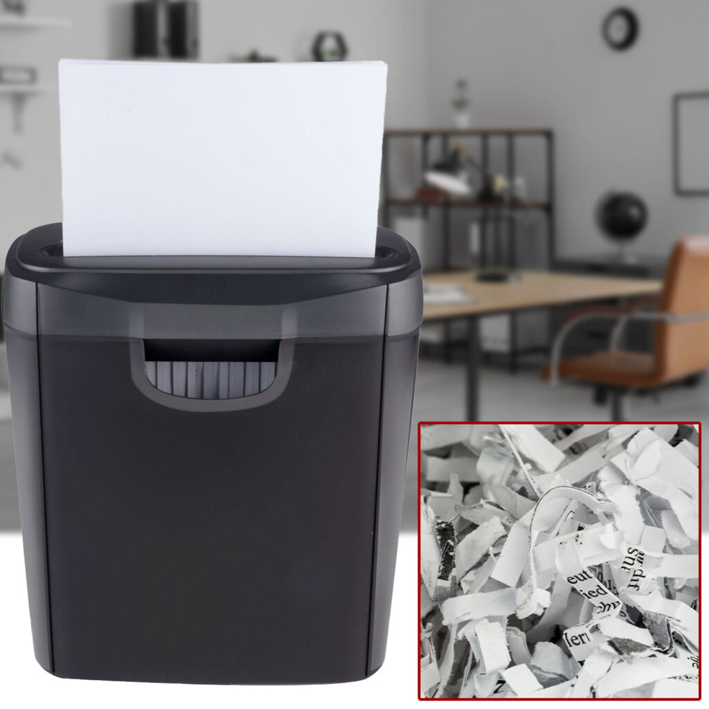 Aktenvernichter mit Streifenschnitt für A4-Papier und Kreditkarten