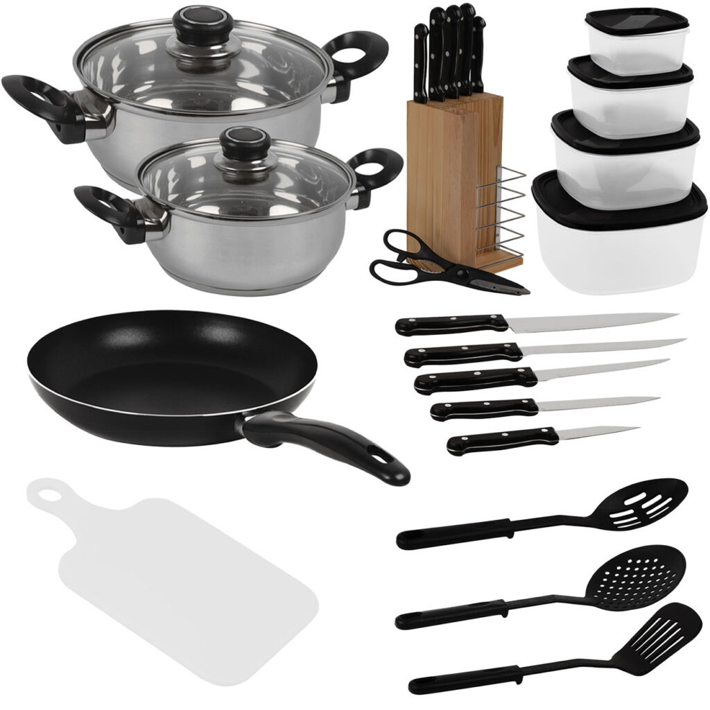 Koch-Erstaustattung, Bratpfanne, Töpfe, Schneidebrett, Kochlöffel, Messerblock, uvm.