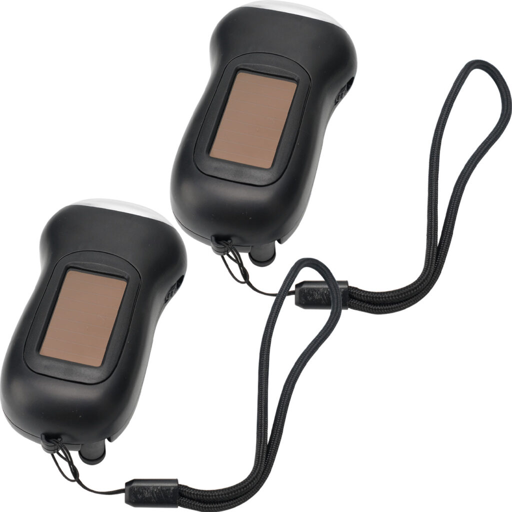 2er-Set Dynamo-Taschenlampe mit Solarpanel, 3 LEDs, 0,4 Watt, 20 Lumen, Akku