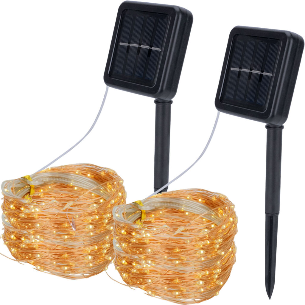 2er-Set Kupferdraht Lichterkette, solarbetrieben, 22 m, 200 warmweisse LEDs, IP44
