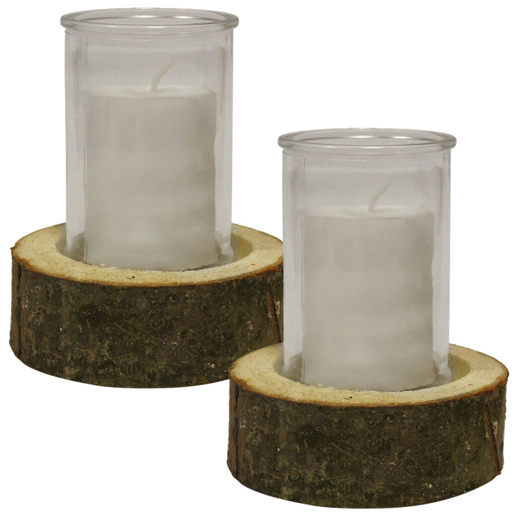 2er-Set Dekoratives Windlicht auf Echtholzsockel mit Kerze, Ø 10 x 13,5 cm, Ø 15 x 4 cm