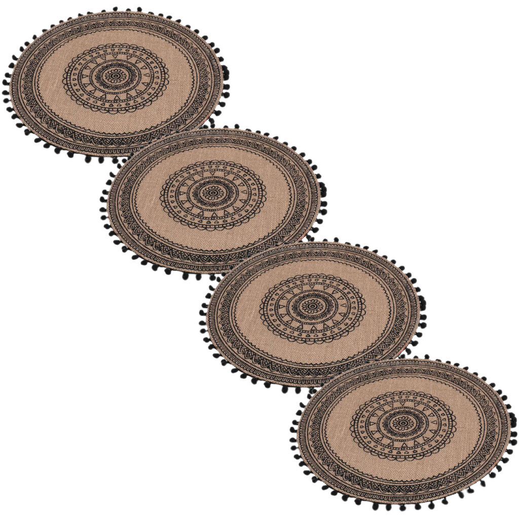 4er-Set rundes Tischset aus Jute, mit Bommel, braun, schwarzes Muster 38 x 38 cm
