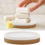 Seifenschale, weiss, mit Akazienholzstreifen 14 x 9,5 cm