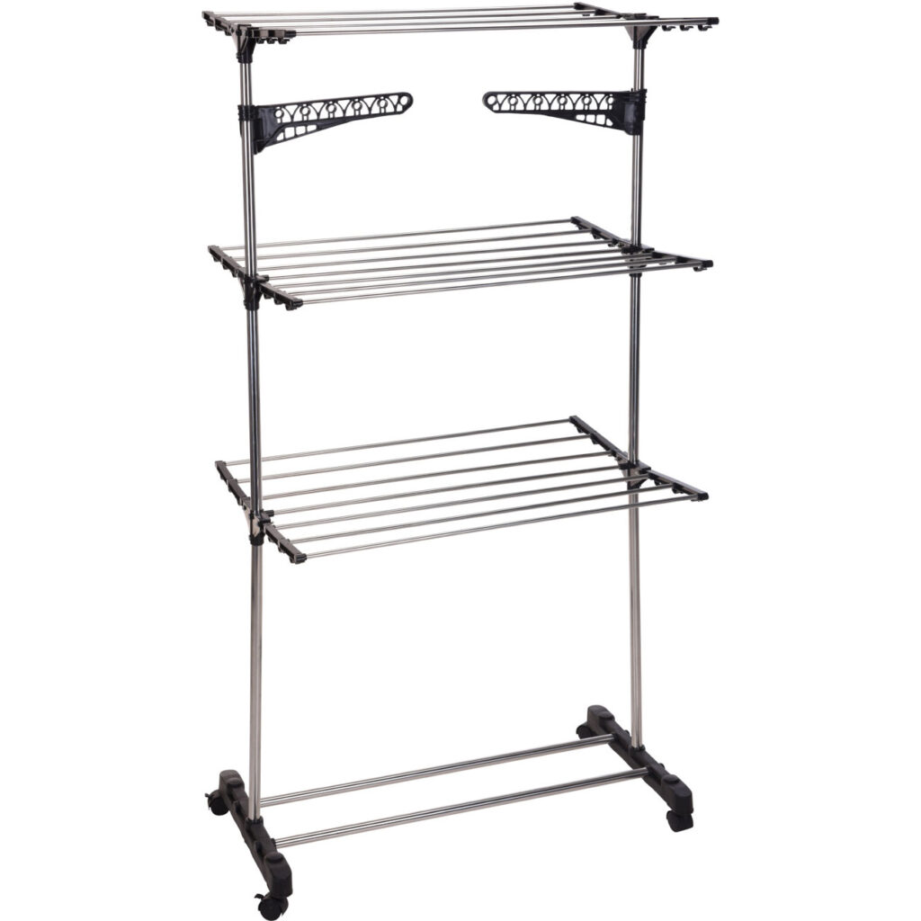 Wäscheständer mit 3 Ebenen und Sockenhaltern, mit Rollen