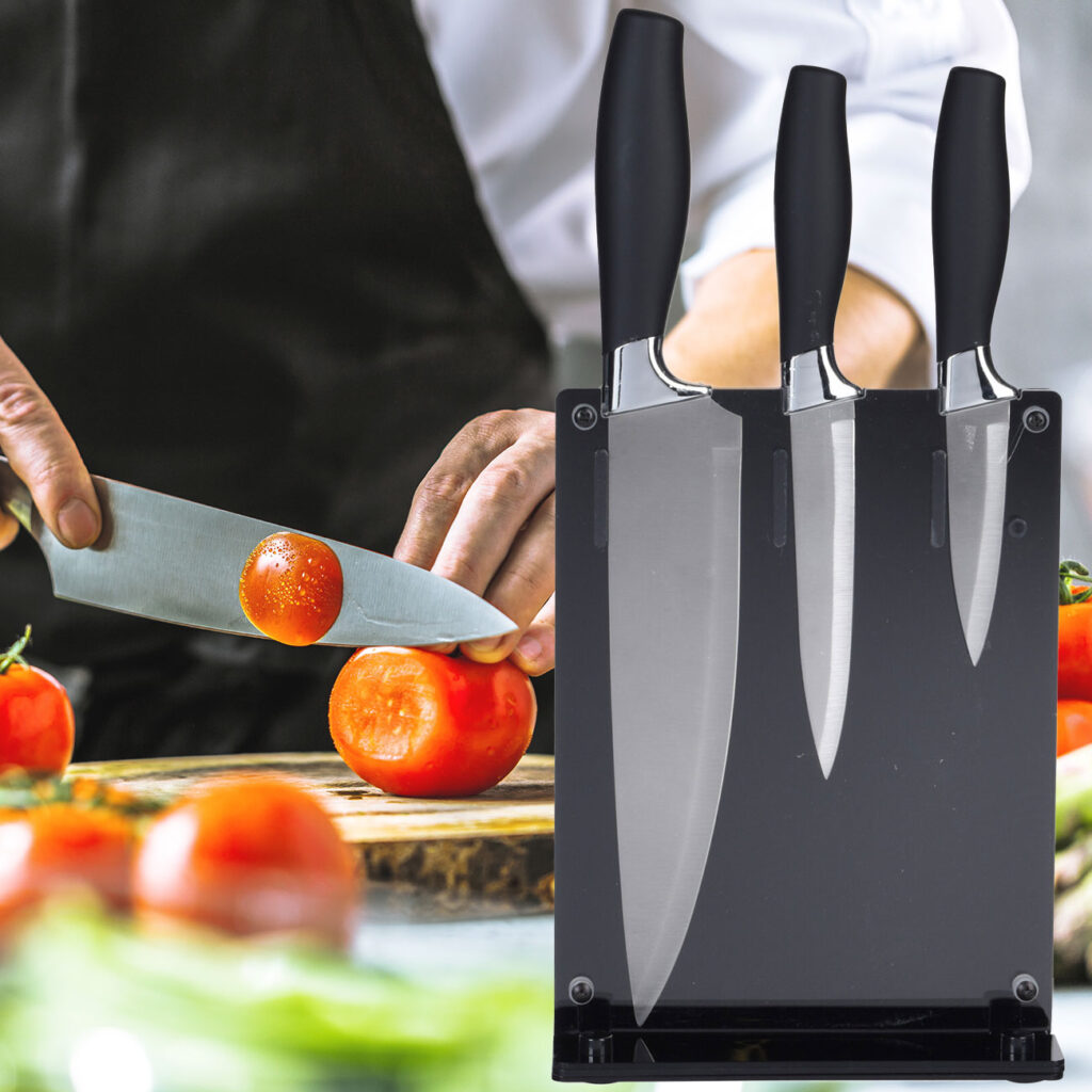 Qualitäts-Messer-Set, 3-tlg., mit Acrylhalter, Softgriffe